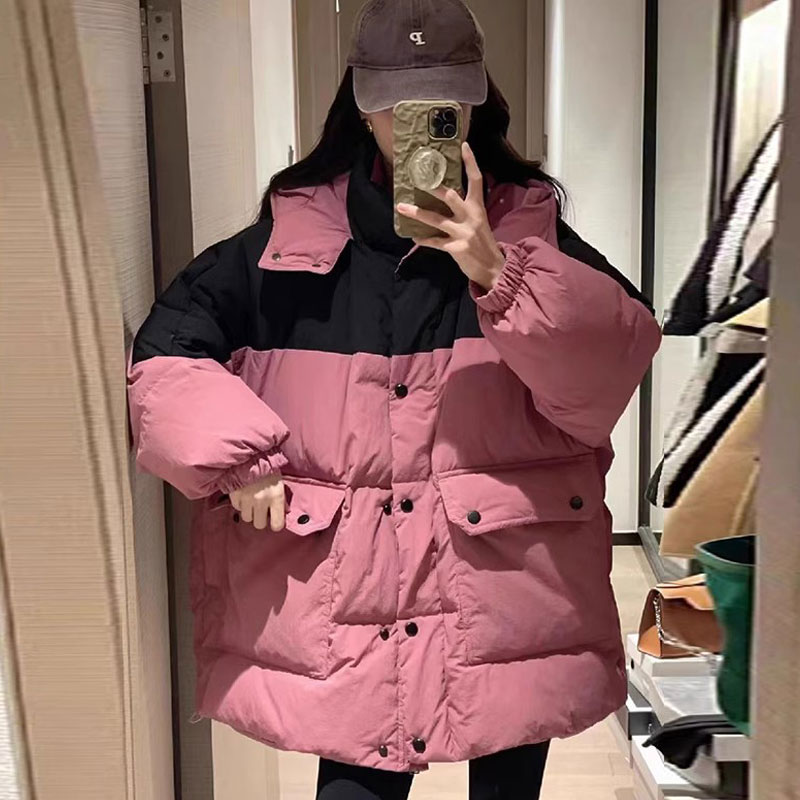 2-300斤胖mm大尺码女装撞色连帽铺棉外套棉服冬季新款宽松休闲加