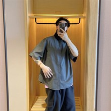 范哲贤 2025夏季新款日系美式复古拼接领撞色短袖衬衫男衬衣潮牌