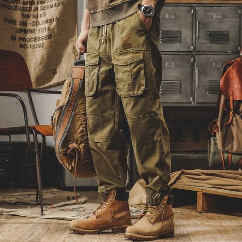 美式复古重磅休闲工装裤男宽松大码系绳多口袋束脚裤耐磨直筒裤子