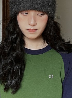 POXFFEE/美式复古撞色插肩袖内穿打底T恤女秋季内搭休闲长袖上衣