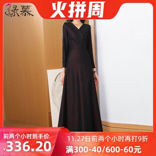 酒红色加绒加厚秋冬连衣裙长款 气质洋气减龄大摆长裙 2021收腰修身