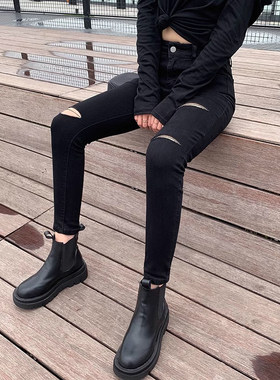 破洞打底裤女外穿高腰显瘦韩版薄款修身小个子牛仔紧身铅笔小黑裤