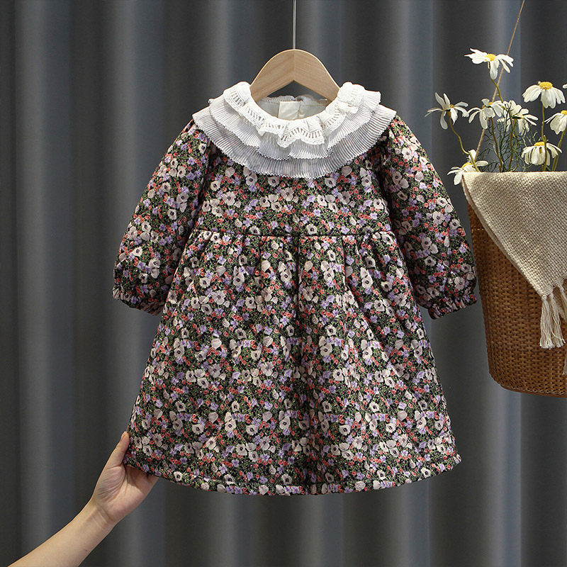 女童森系夹棉公主裙冬装新款小女孩洋派加厚洋装时髦儿童套装裙子