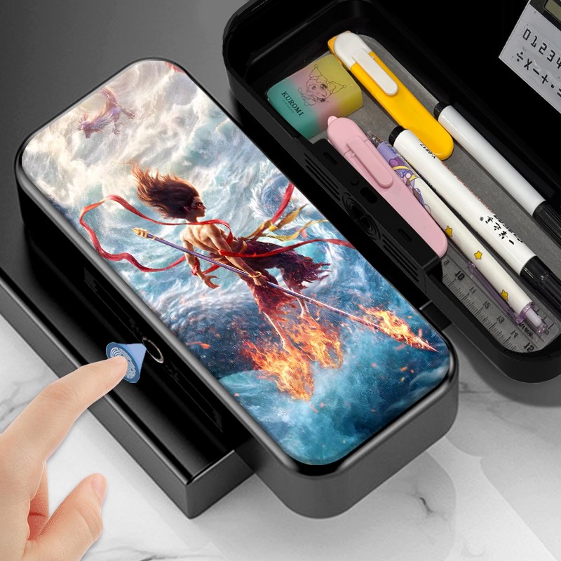哪吒敖丙新款小i学生大容量指纹解锁文具盒帅气哪吒双层男女铅笔