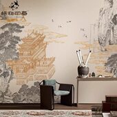 新中式 修壁画 瑞鹤山水阁楼客厅背景墙纸布卧室书房墙纸酒店饭店装