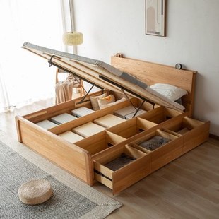 北美红橡木全实木高箱储物床现代简约抽屉床北欧日式原木气压床