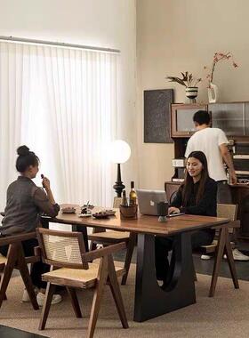 实木餐桌会桃木色客厅大长胡书2112121桌工作台大公板餐书桌一体