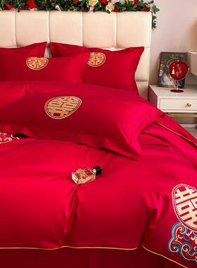 端结婚嫁单纯棉四件套婚庆大红色全棉被套床床笠高新婚婚床上BaiS