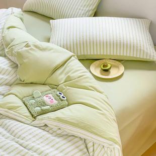 水棉织提花绿色条纹洗四件套全棉色纯1ydqd.5棉m1.8米被套床单三