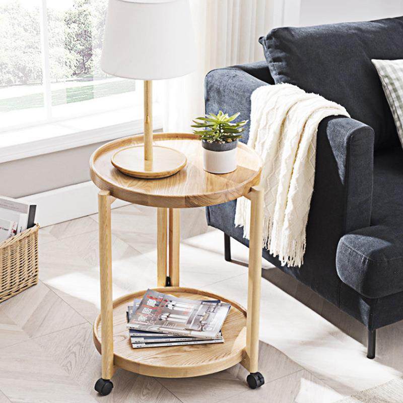 美式实木桌小边几圆形可移动小茶几带用轮089沙发圆几客边家茶厅