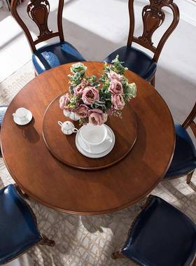 美全圆餐桌1.5米带转木盘食式桌欧式家用餐厅6/8人吃饭DT66206桌