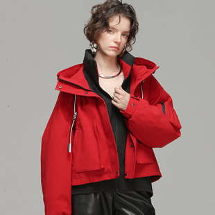 木笛2025冬季时尚机能潮流户外假两件羽绒服短款女保暖连帽外套