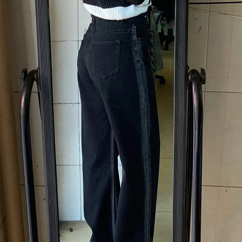 特大码胖mm黑色渐变直筒牛仔裤女夏季新款高腰宽松显瘦百搭阔腿裤