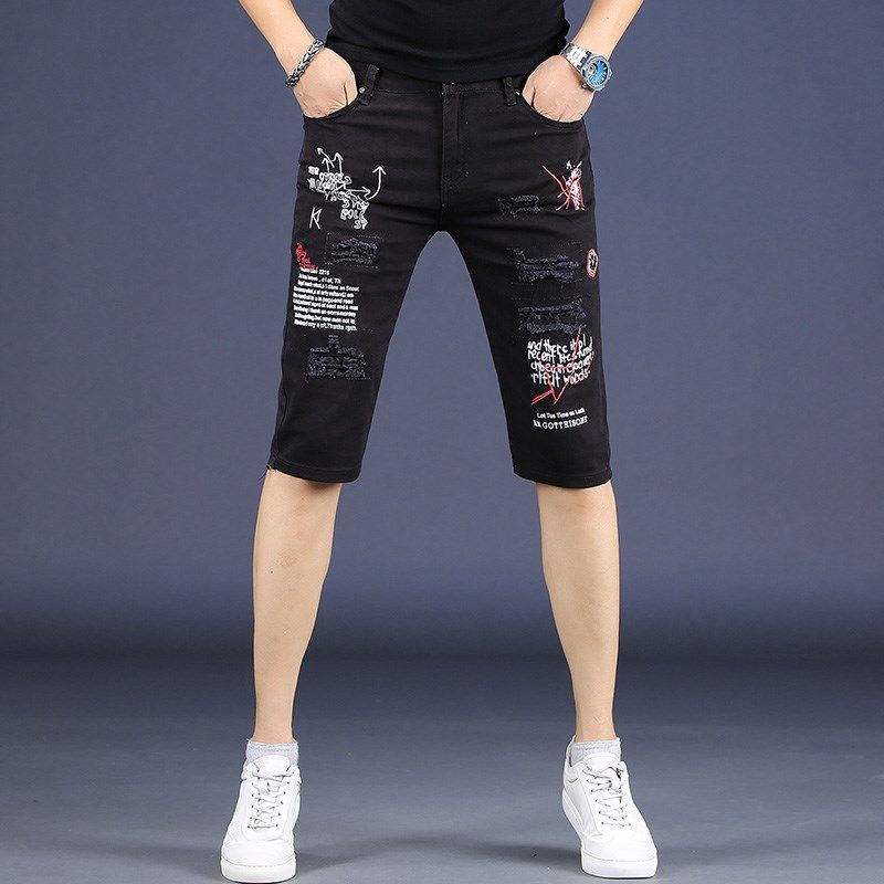 高端刺绣牛仔短裤男夏季薄款韩版潮复古破洞印花五分修身中裤黑色,男装,短裤,淘宝优惠券,粉丝福利购,淘宝优惠卷