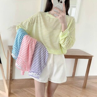 长袖 防晒衣女款 透明条纹罩衫 薄款 宽松冰丝T恤上衣夏 今年流行爆款