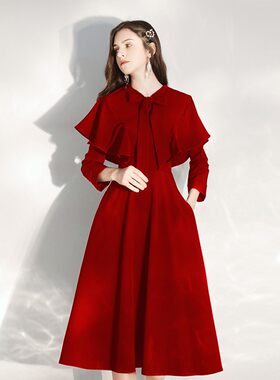 敬酒服新娘冬季酒红色惊艳赫本风小个子红裙结婚便装披肩晚礼服女
