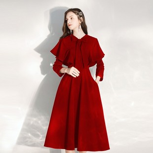 敬酒服新娘冬季酒红色惊艳赫本风小个子红裙结婚便装披肩晚礼服女