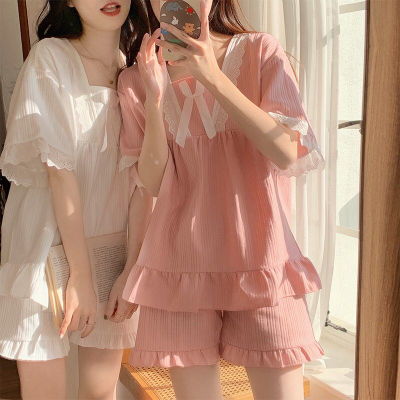 带胸垫睡衣女士夏季天甜美可爱短睡衣/家居服套装