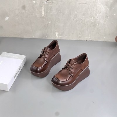 秋季真皮厚底松糕鞋女复古坡跟英伦风小皮鞋2025新款增高软底单鞋