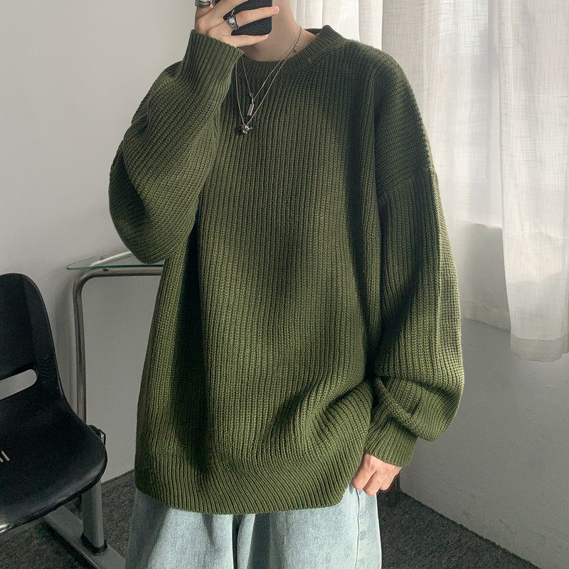 圆领绿色毛衣男士秋冬季港风宽松慵懒针织衫潮牌冬款加厚毛线衣服,男装,秀禾服,淘宝优惠券,粉丝福利购,淘宝优惠卷