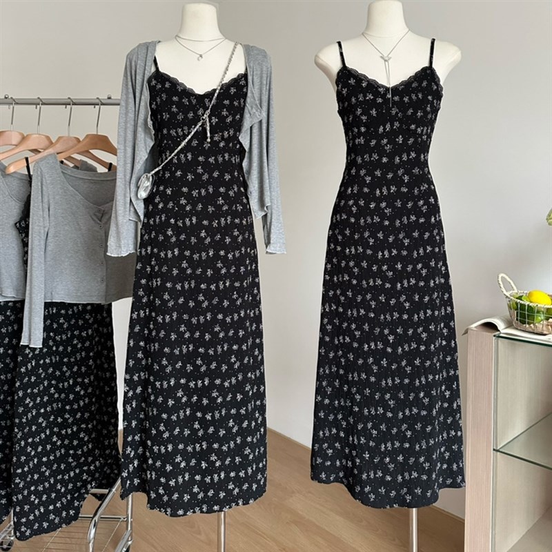 超好看法式无袖连衣裙女复古气质黑色碎花吊带长裙+针织开衫套装