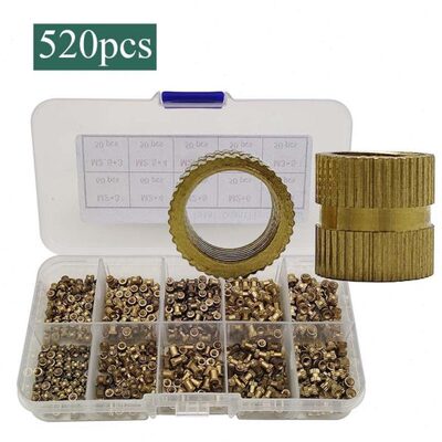 520pcs盒装 注塑铜螺母  滚花嵌件 铜螺母嵌件 双通滚花铜