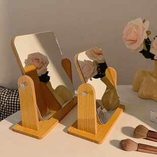 台式化妆镜可翻转宿舍桌面梳妆镜简约家用木质镜现代复古风镜子