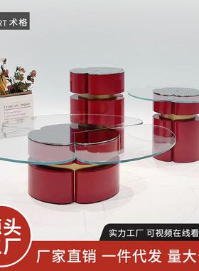 轻奢极简设计师款客厅家用红色钢化玻璃角桌边几高低组合茶几