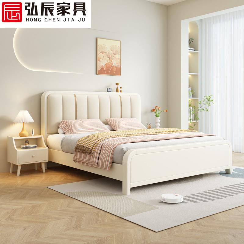 奶油风白色实木床1.5m1.8米现代简约主卧家用小户型单双人储物床