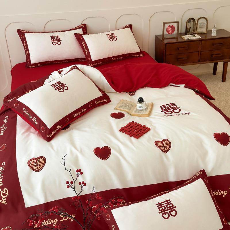 中式婚庆水洗棉喜庆四件套红床单床笠磨毛被套结婚房床上用品