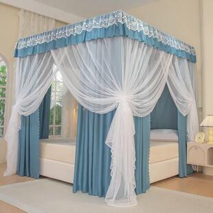 家用加厚遮光床帘公主卧室三开门床幔防尘一体式保暖落地蚊帐支架