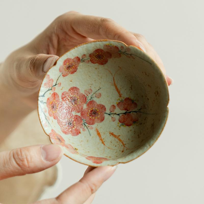 新中式青花火石红纯手绘梅花茗欢斗笠杯陶瓷个人家用主人杯茶具