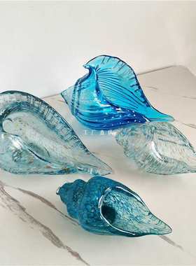 出口国外手工玻璃蓝色大海螺鎏金装饰品摆件家居简约水晶工艺