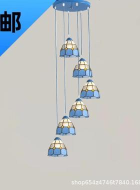 蒂凡尼地中海餐厅LED灯具三头创意个性蓝色饭厅旋转楼梯间长吊灯