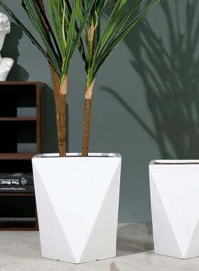 特大号陶瓷花盆白色四方形方口菱形错角花盆龙血树简约家用客厅盆
