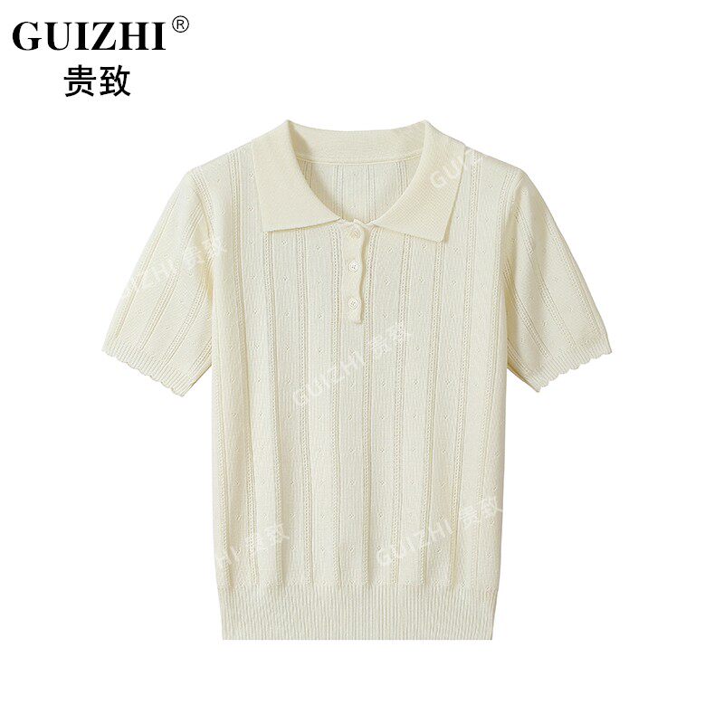 韩系温柔风Polo领针织短袖t恤女夏季设计感竖条纹修身显瘦短上衣