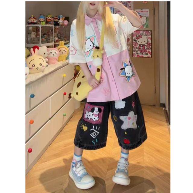 美式小狗星星贴布绣牛仔裤女夏季短裤七分裤宽松直筒设计感中裤子