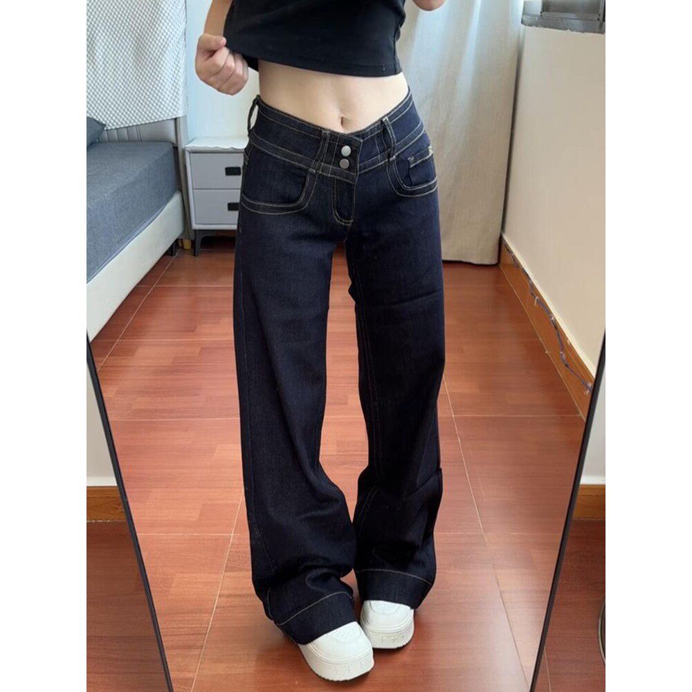 美式双腰扣不贴腿微喇牛仔裤女2025新款小众显瘦百搭低腰直筒裤子
