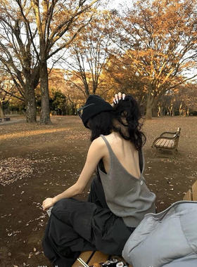 宽松无袖灰色毛织背心女2024夏季新款性感露背上衣百搭叠穿打底衫