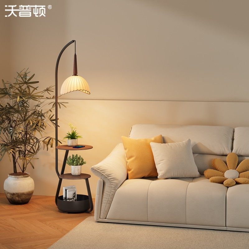 中古风落地灯客厅边几置物架摆件卧室床头柜一体收纳立式台灯护眼,家装灯饰光源,置物功能落地灯,淘宝优惠券,粉丝福利购,淘宝优惠卷