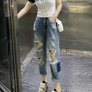 高腰宽松显瘦阔腿老爹裤 浅色破洞哈伦牛仔裤 2025年爆款 新款 女春季