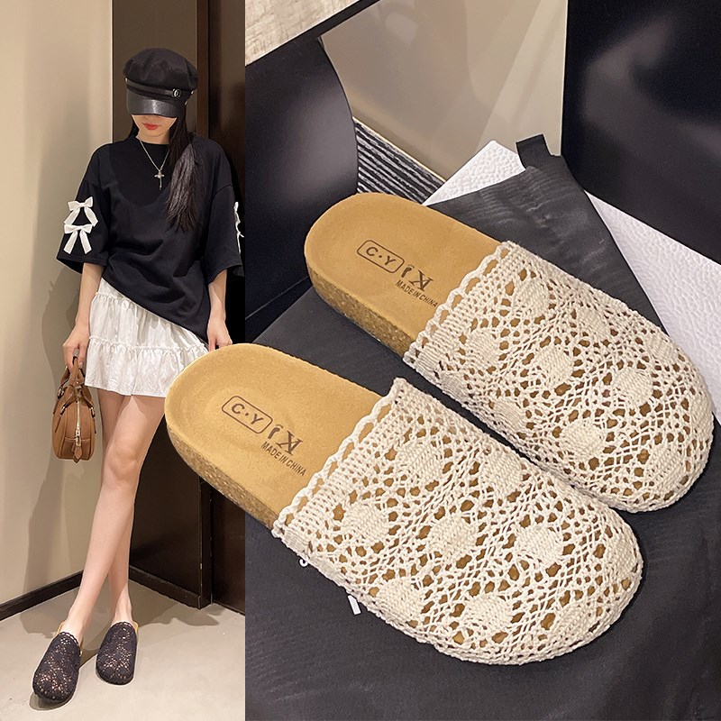 法式包头拖鞋女夏外穿2025新款配裙子镂空编织孕妇凉拖34码半拖鞋