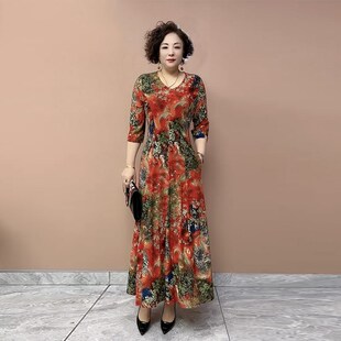 时尚妈妈冰丝棉坠感大花连衣裙夏季新款高弹力遮肚显瘦中袖大摆裙