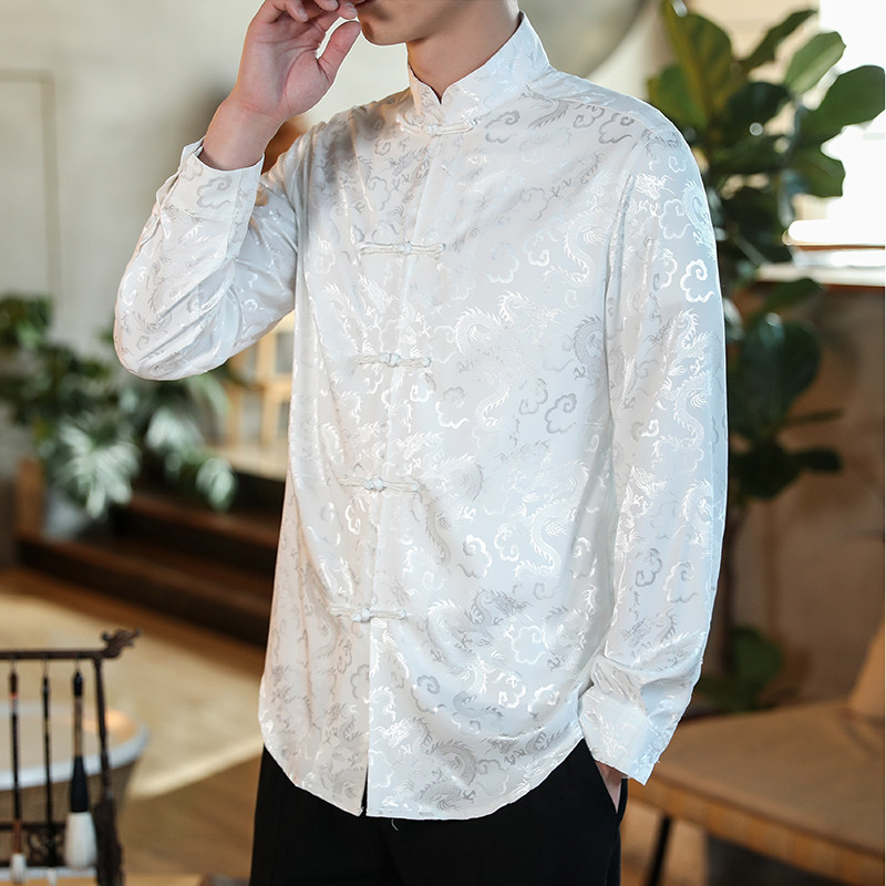 中国风冰丝复古盘扣唐装衬衫中式休闲大码茶服衬衣男暗纹百搭长袖,男装,唐装,淘宝优惠券,粉丝福利购,淘宝优惠卷