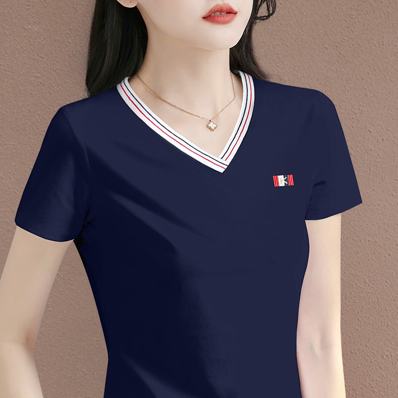v领短袖t恤女2025年新款夏季爆款女装修身半袖上衣正肩高端体恤衫