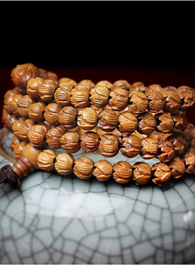 桃木木雕108粒佛珠莲花手链男女多圈念珠手串