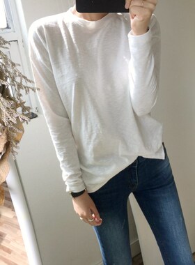 T188韩国女新品2024竹节棉宽松开叉圆领套头秋冬女长袖T恤打底衫