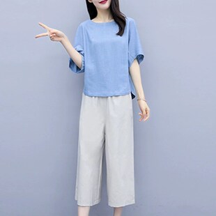 棉麻套装女2025新款女夏装洋气韩版宽松上衣阔腿裤休闲亚麻两件套