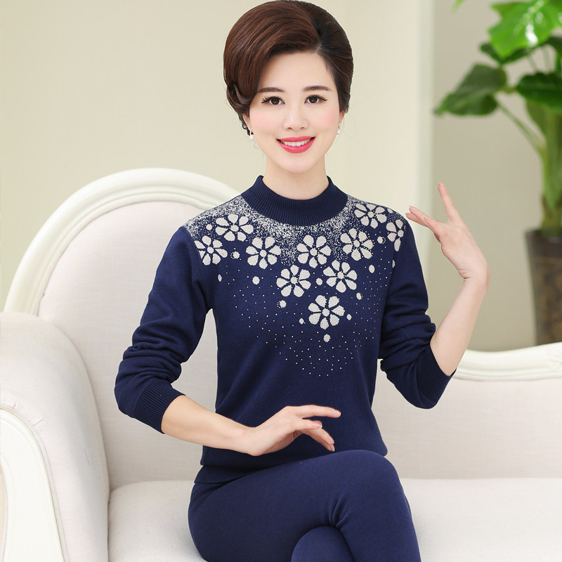 中老年保暖内衣女加绒加厚冬大码套装老人纯棉中高领妈妈秋衣秋裤