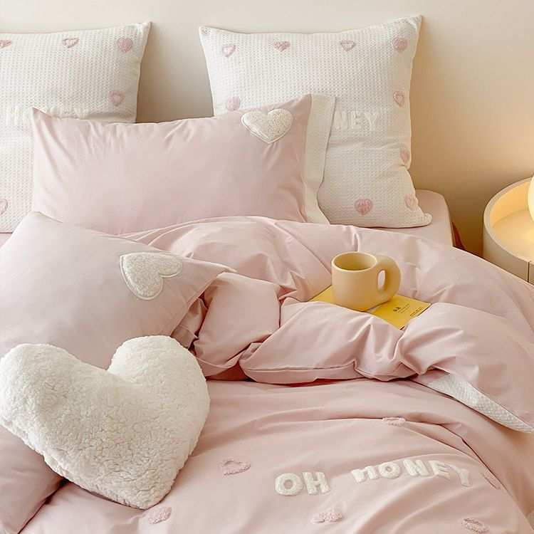 少女爱心毛巾绣水洗棉四件套超柔裸睡被套新款床上用品